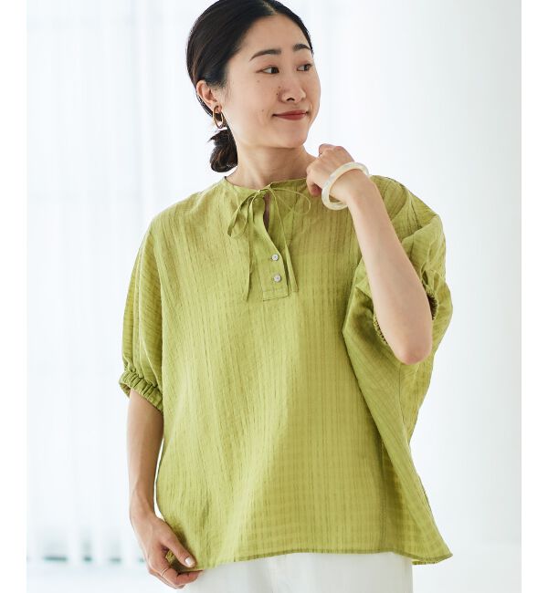 le.coeur blanc「《手洗い可能》シャドーチェックスリーブデザインブラウス」|シャツ・ブラウス|Ｌ／グリーン