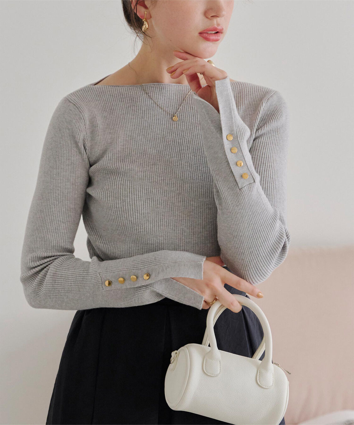 titivate「ボートネックゴールド釦デザインニット」|ニット・セーター|杢ライトグレー