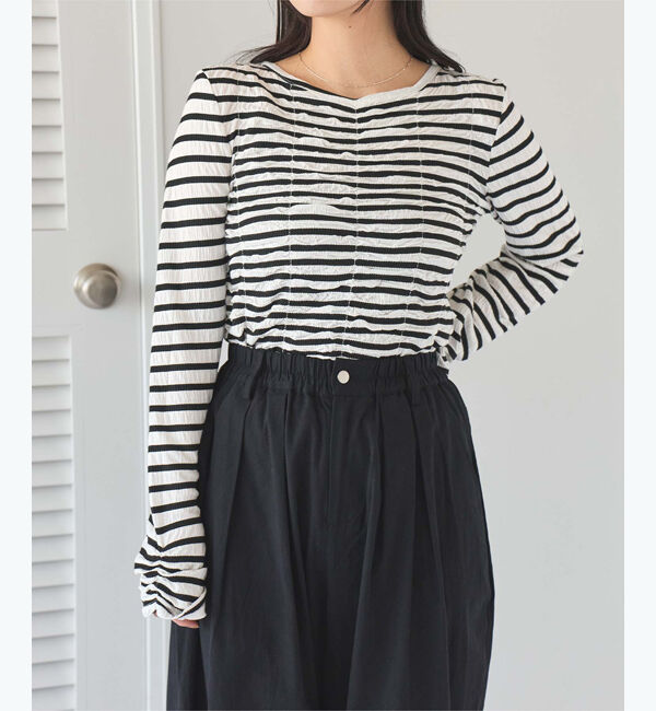 titivate「ロングスリーブシャーリングトップス」|Tシャツ・カットソー|ボーダー/ホワイト