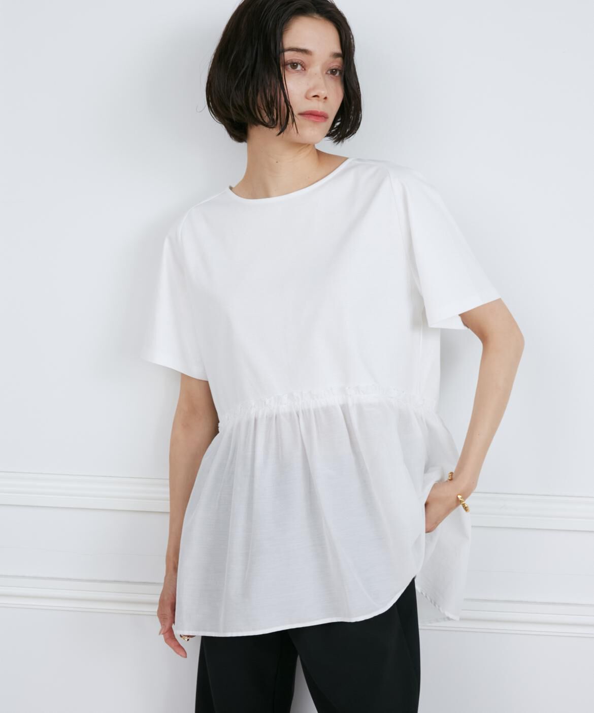 INED「異素材ペプラムカットソー」|Tシャツ・カットソー|オフホワイト1