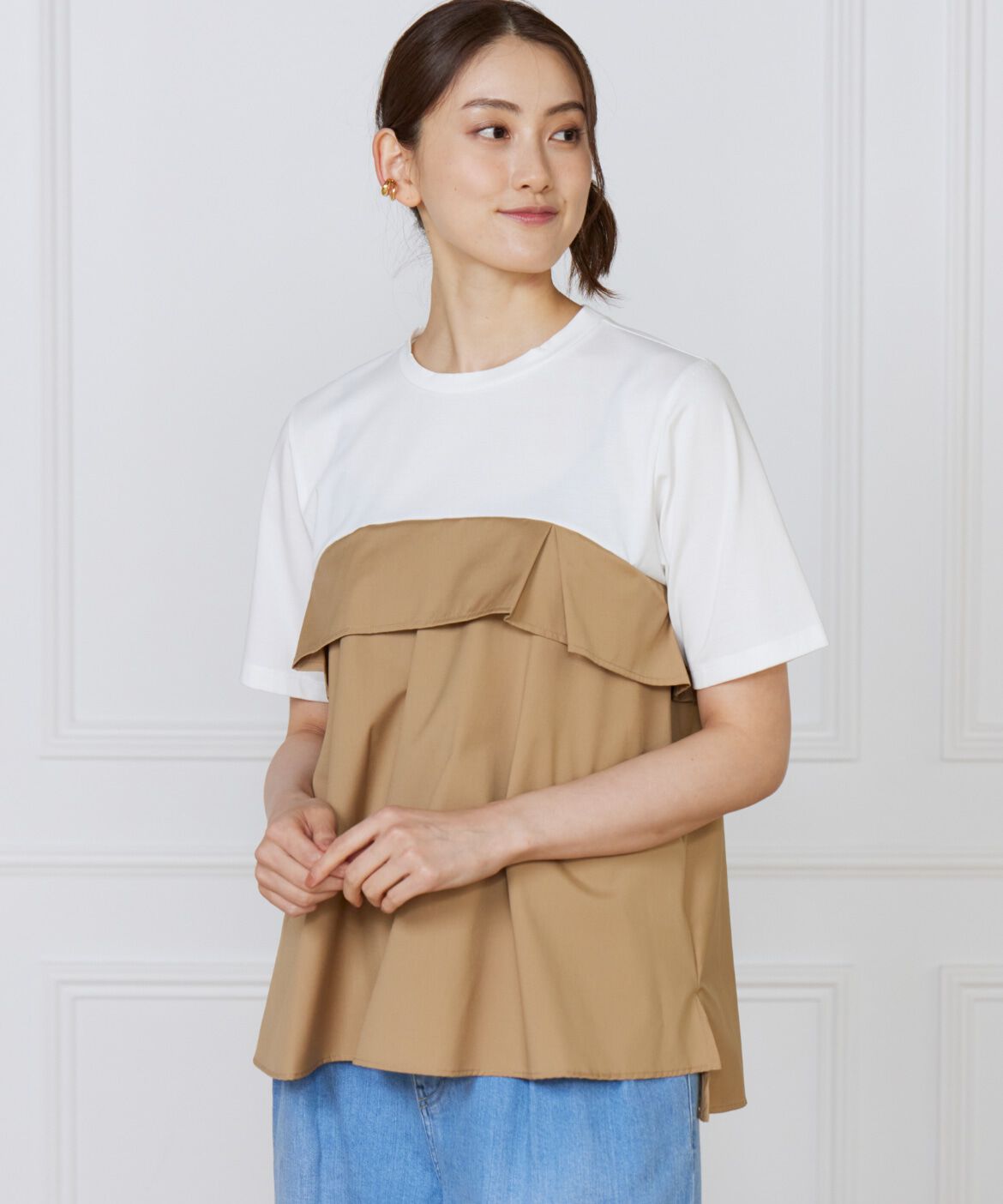 INED「《大きいサイズ》ビスチェ風コンビ ジャージー トップス」|Tシャツ・カットソー|ベージュ2