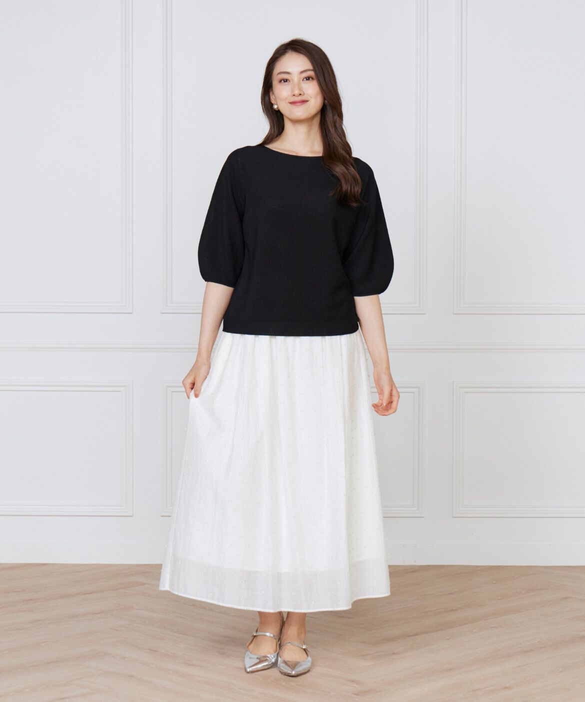 INED「《大きいサイズ》ボートネックパフスリーブニット《Cuoo》」|ニット・セーター|