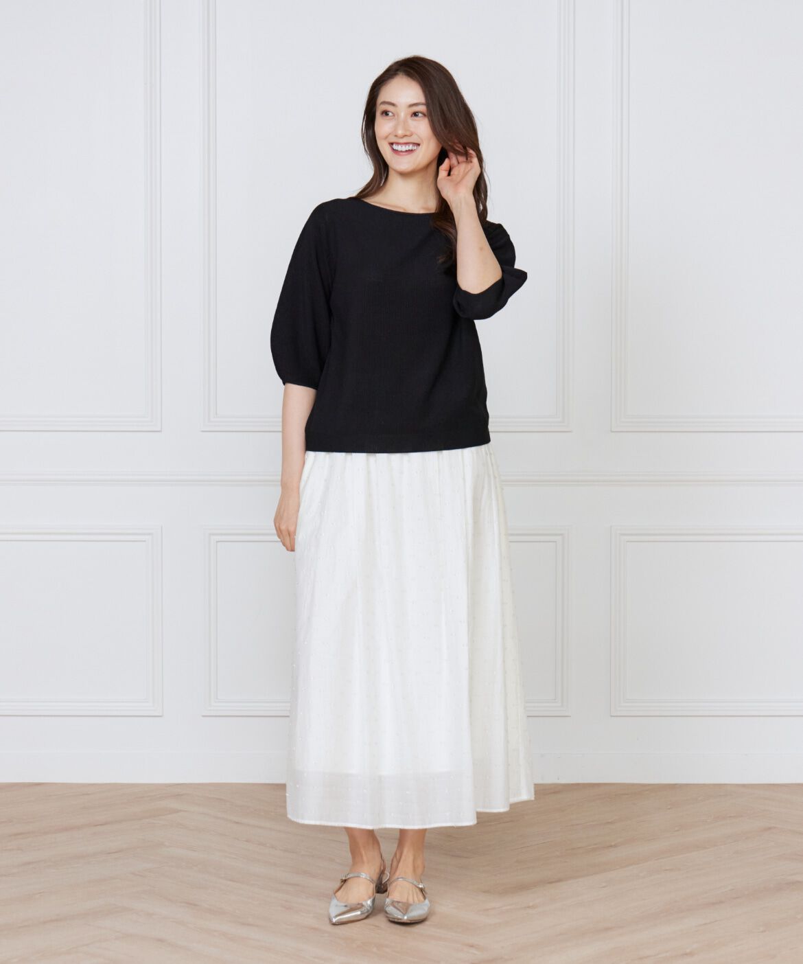 INED「《大きいサイズ》ボートネックパフスリーブニット《Cuoo》」|ニット・セーター|