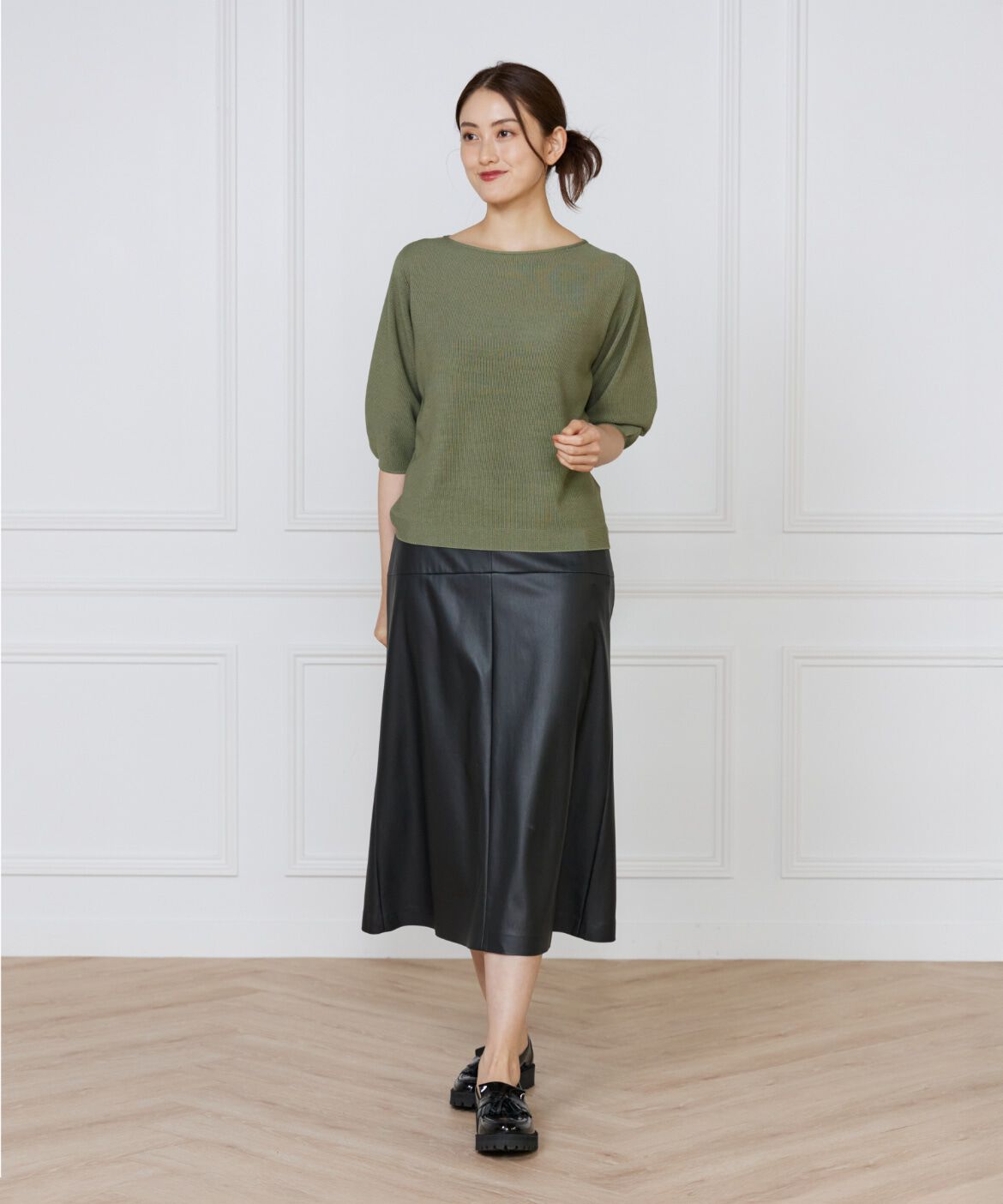 INED「《大きいサイズ》ボートネックパフスリーブニット《Cuoo》」|ニット・セーター|