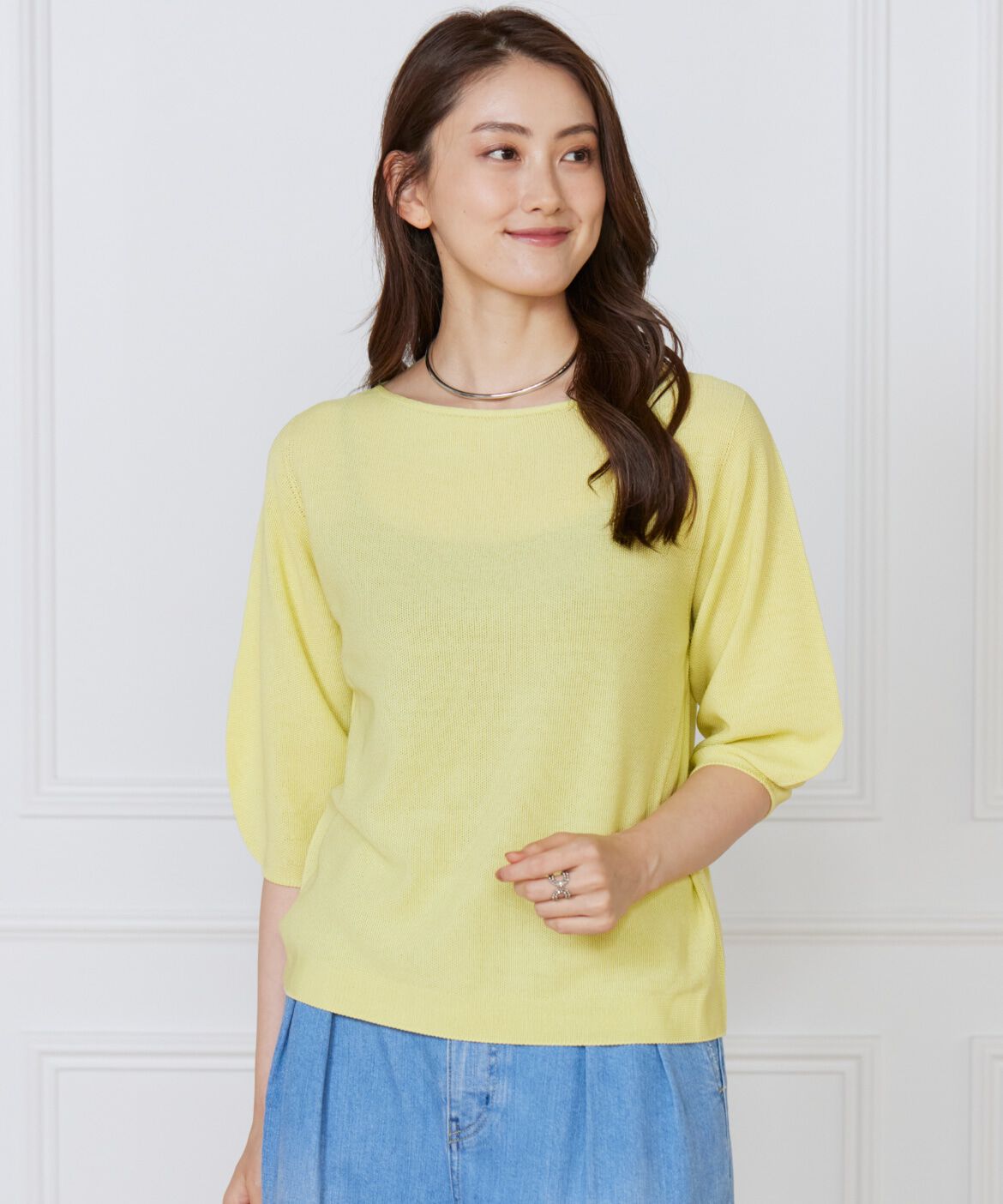 INED「《大きいサイズ》ボートネックパフスリーブニット《Cuoo》」|ニット・セーター|イエロー