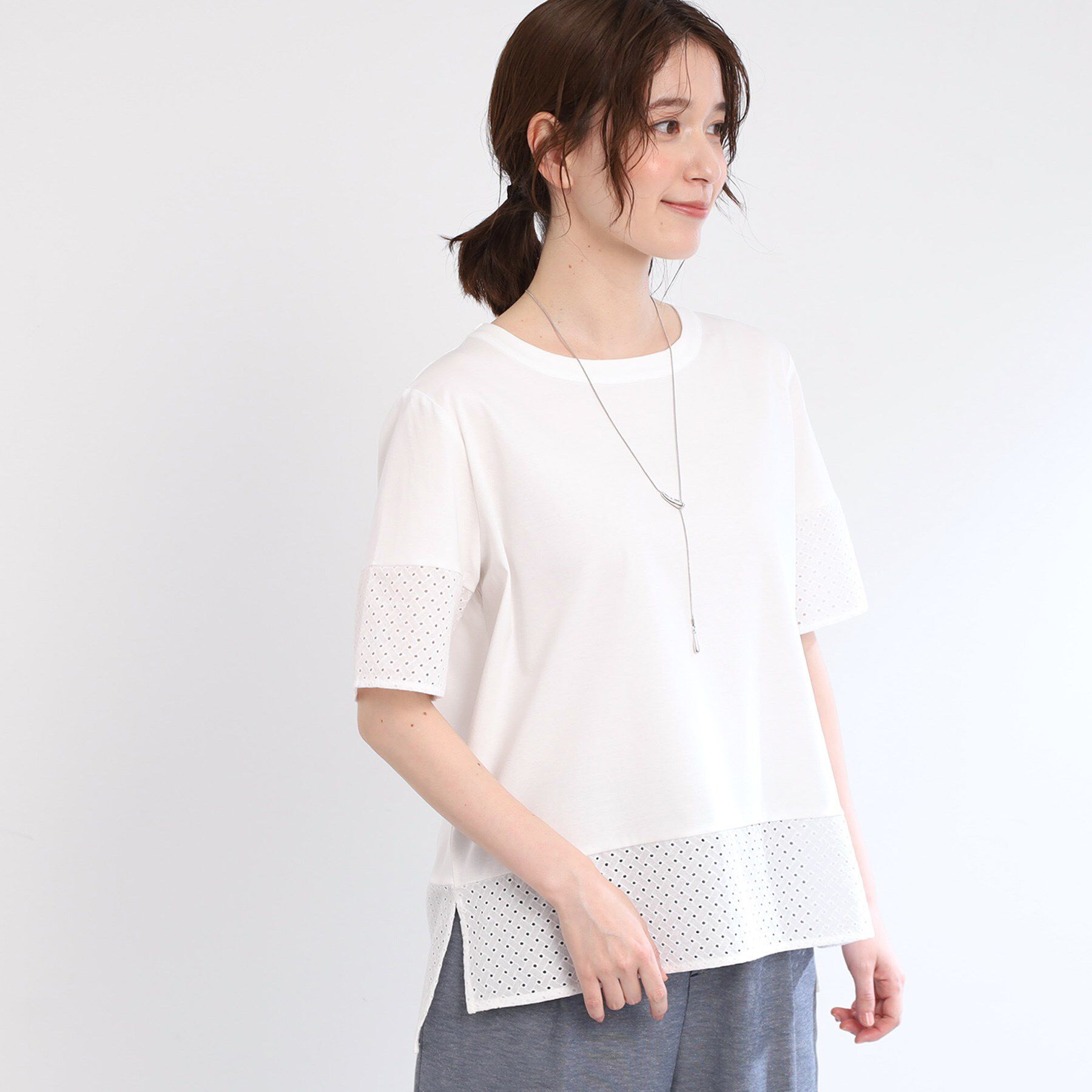 Reflect「【夏SALE／E‐QUALITY／手洗い可】コットンレースドッキングTシャツ」|Tシャツ・カットソー|