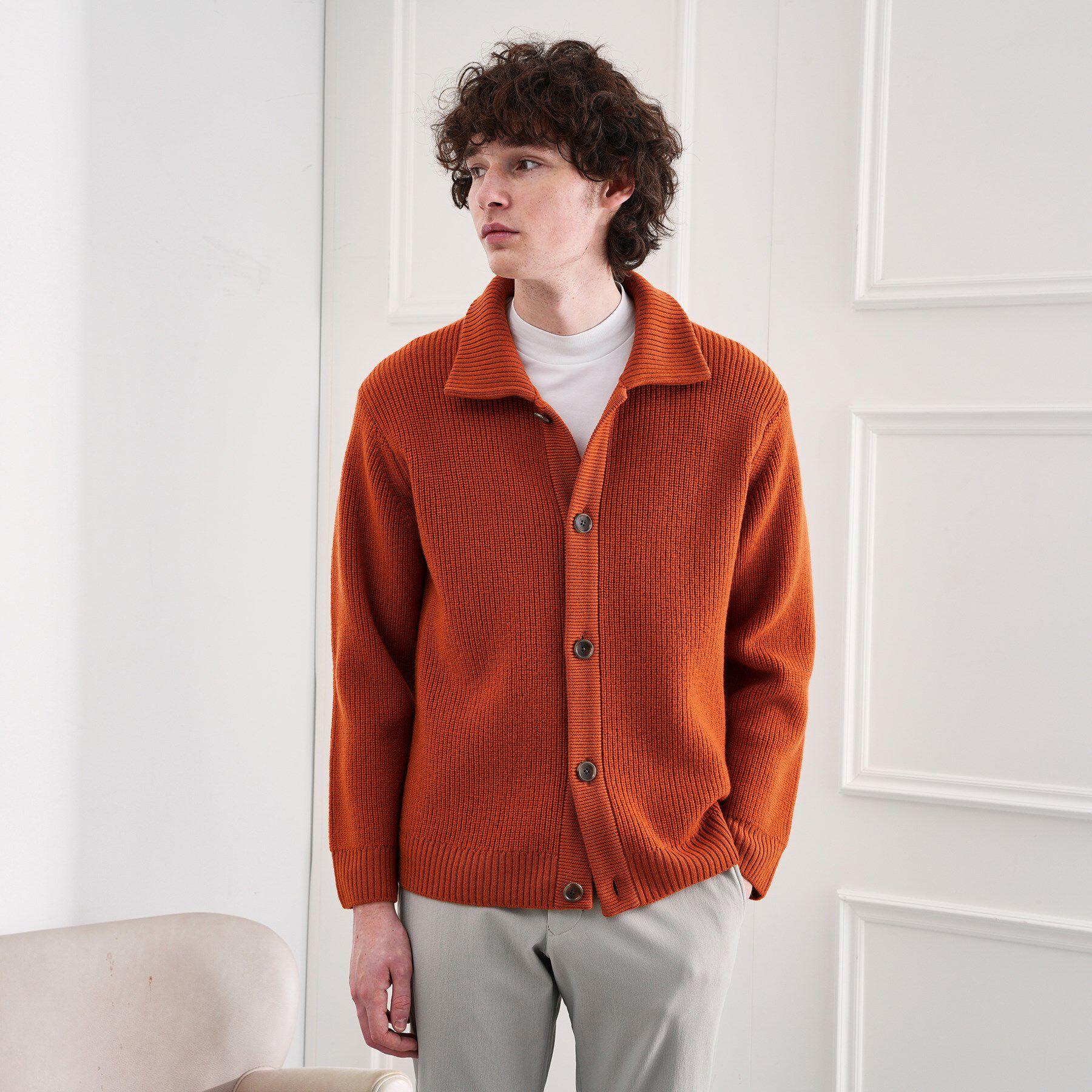 TAKEO KIKUCHI「タスマニアウール混畦編みカーディガン」|カーディガン|オレンジ(067)