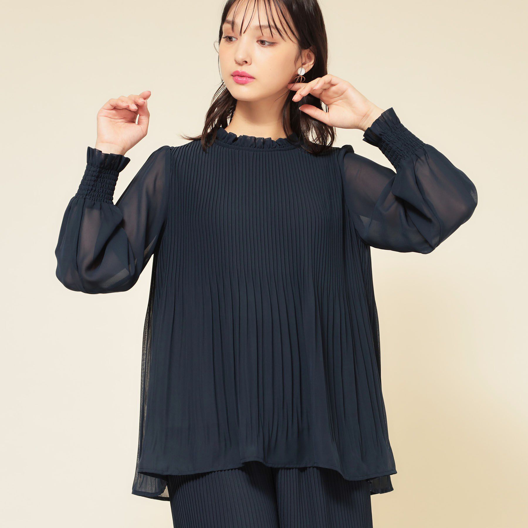 SunaUna「【プリーツ／セットアップ可】チュニックブラウス」|シャツ・ブラウス|ネイビー(094)