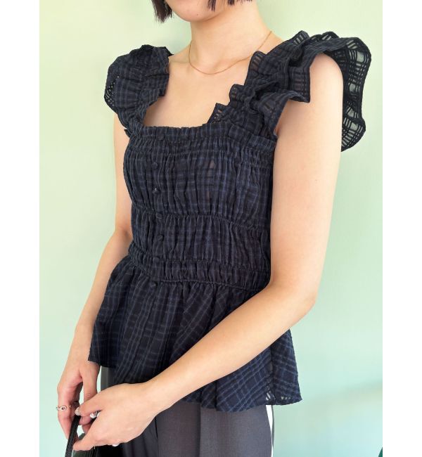 LAGUNAMOON「シアーチェックシャーリングブラウス」|シャツ・ブラウス|ネイビー