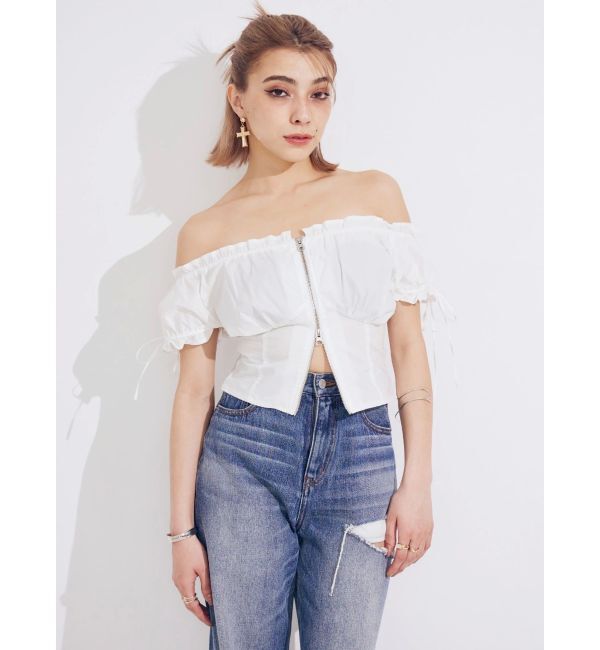 EVRIS「フロントジップリボンオフショルブラウス」|シャツ・ブラウス|