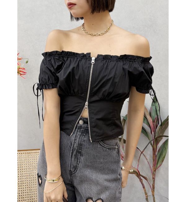 EVRIS「フロントジップリボンオフショルブラウス」|シャツ・ブラウス|ブラック