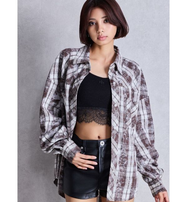 GYDA「processing checkered print looseシャツ」|シャツ・ブラウス|ブラウン