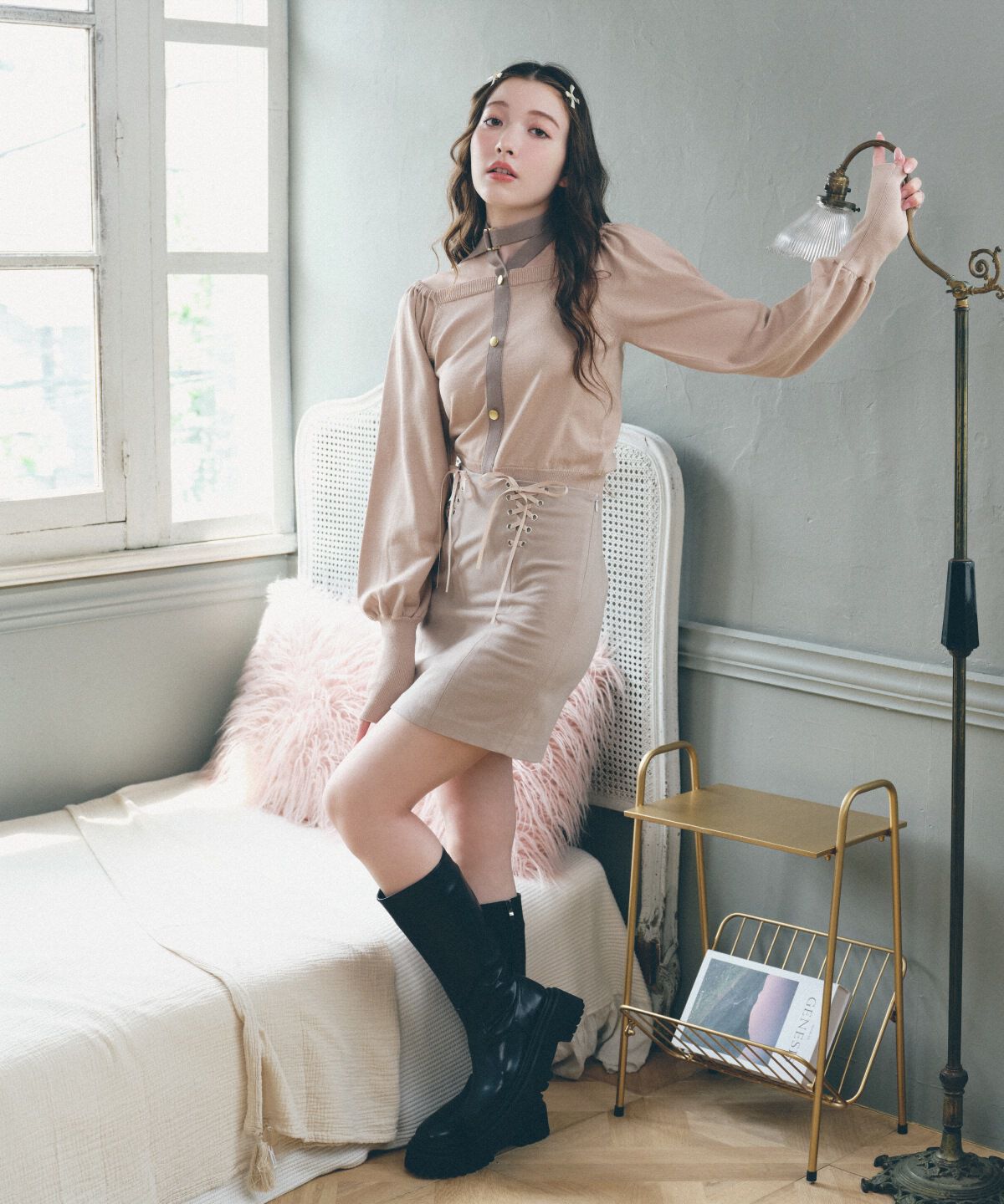 REDYAZEL「リボンレースアップミニスカート」|タイト|