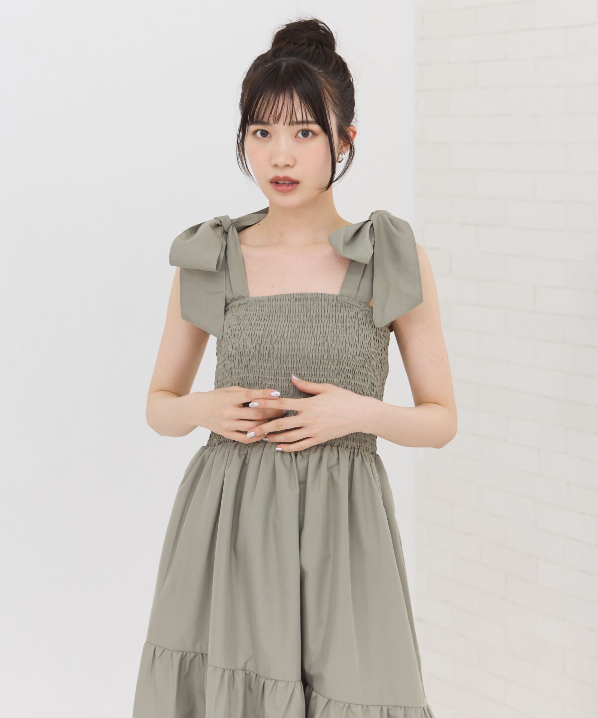 REDYAZEL「リボンショルダーティアードワンピース」|ワンピース|カーキ