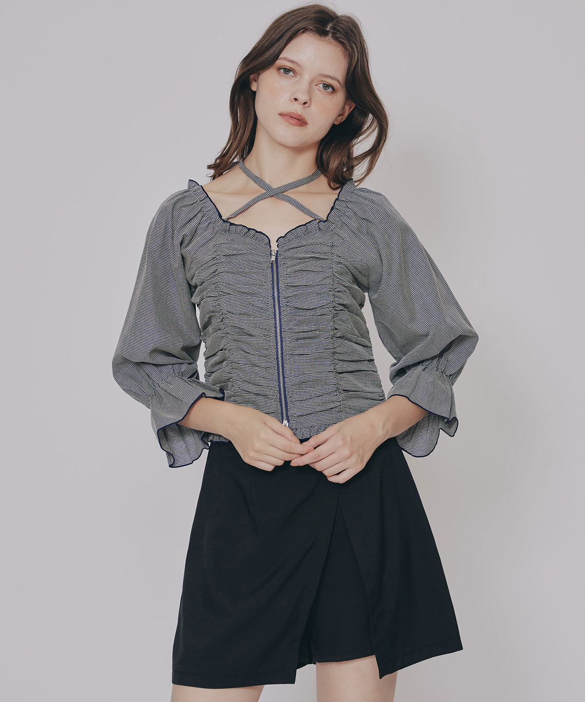 REDYAZEL「フロントZIPクロスギャザーブラウス」|シャツ・ブラウス|