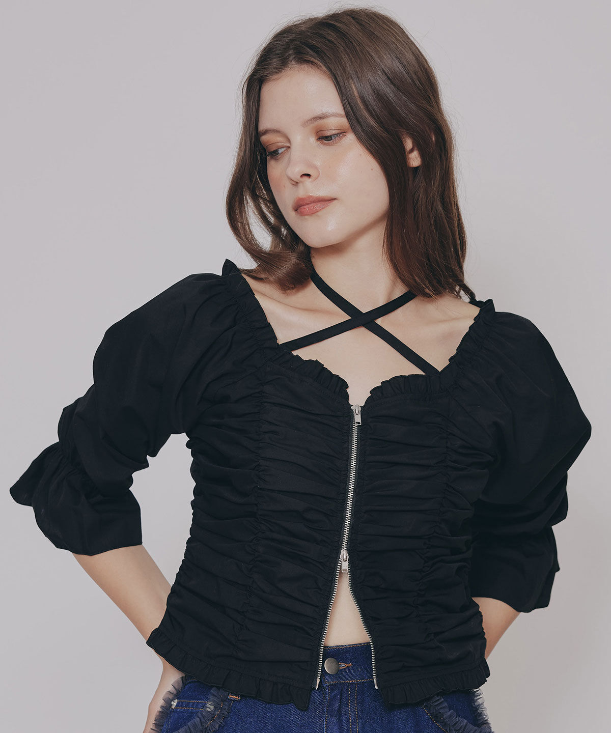 REDYAZEL「フロントZIPクロスギャザーブラウス」|シャツ・ブラウス|