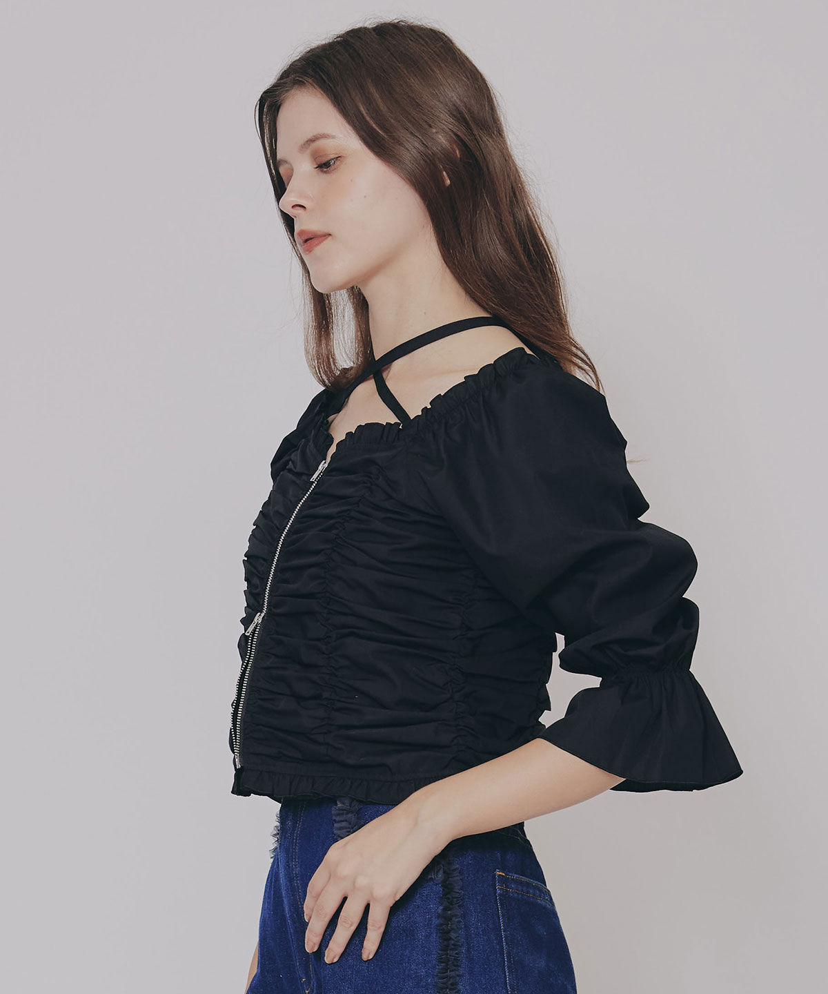 REDYAZEL「フロントZIPクロスギャザーブラウス」|シャツ・ブラウス|