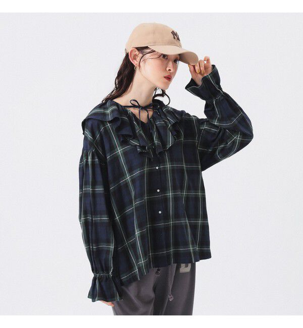 BEAMSBOY「チェック フリルカラー シャツ」|シャツ・ブラウス|NAVY