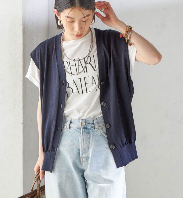 SHIPS for women「〈接触冷感 / 手洗い可能〉アイスコットン フレンチ スリーブ ジレ カーディガン」|ベスト・ジレ|ネイビー