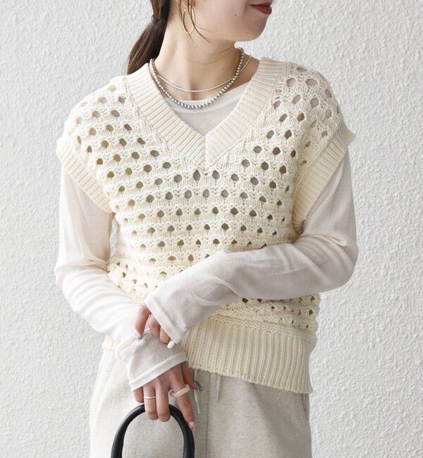 SHIPS any「《予約》SHIPS any:〈手洗い可能〉コットン ミックス 透かし編み Vネック ベスト」|ベスト・ジレ|