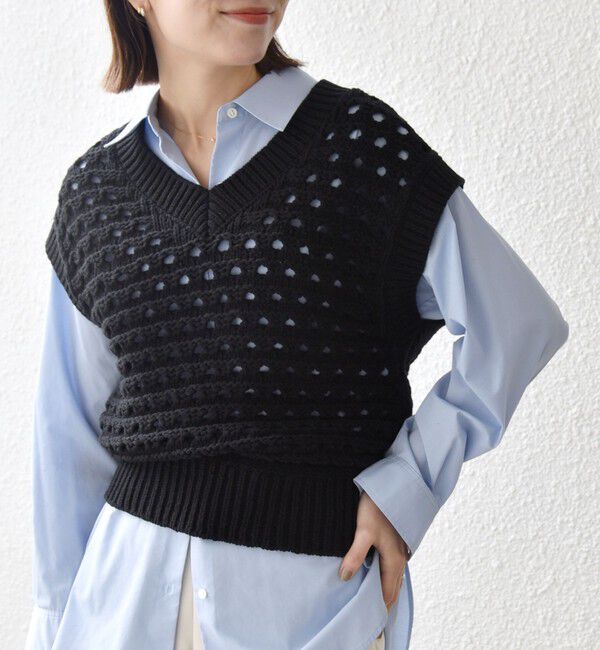 SHIPS any「《予約》SHIPS any:〈手洗い可能〉コットン ミックス 透かし編み Vネック ベスト」|ベスト・ジレ|ブラック