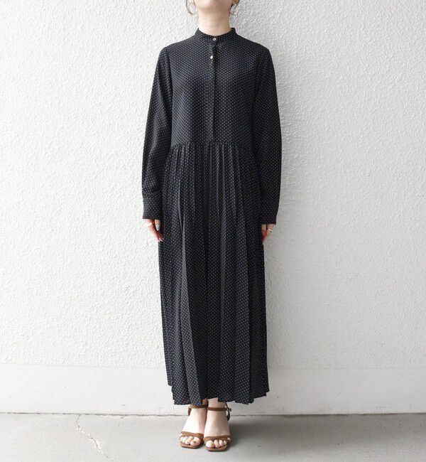 SHIPS any「《予約》SHIPS any:〈手洗い可能〉ドット バンドカラー プリーツ ロング ワンピース」|ワンピース|