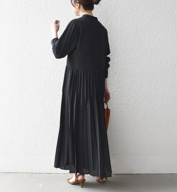 SHIPS any「《予約》SHIPS any:〈手洗い可能〉ドット バンドカラー プリーツ ロング ワンピース」|ワンピース|