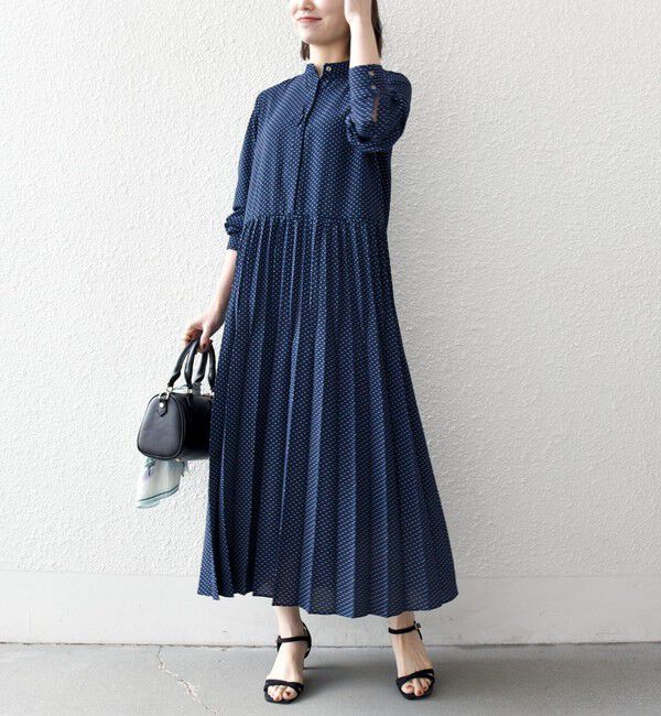 SHIPS any「《予約》SHIPS any:〈手洗い可能〉ドット バンドカラー プリーツ ロング ワンピース」|ワンピース|