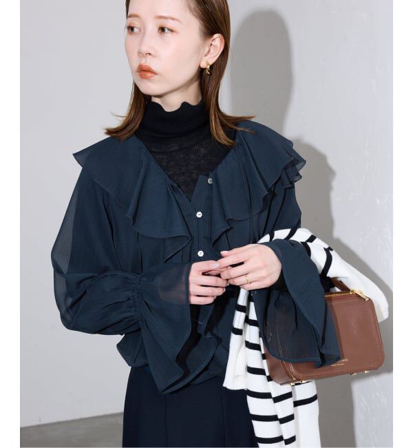 SLOBE IENA「フロントスキッパーラッフルブラウス」|シャツ・ブラウス|ネイビー