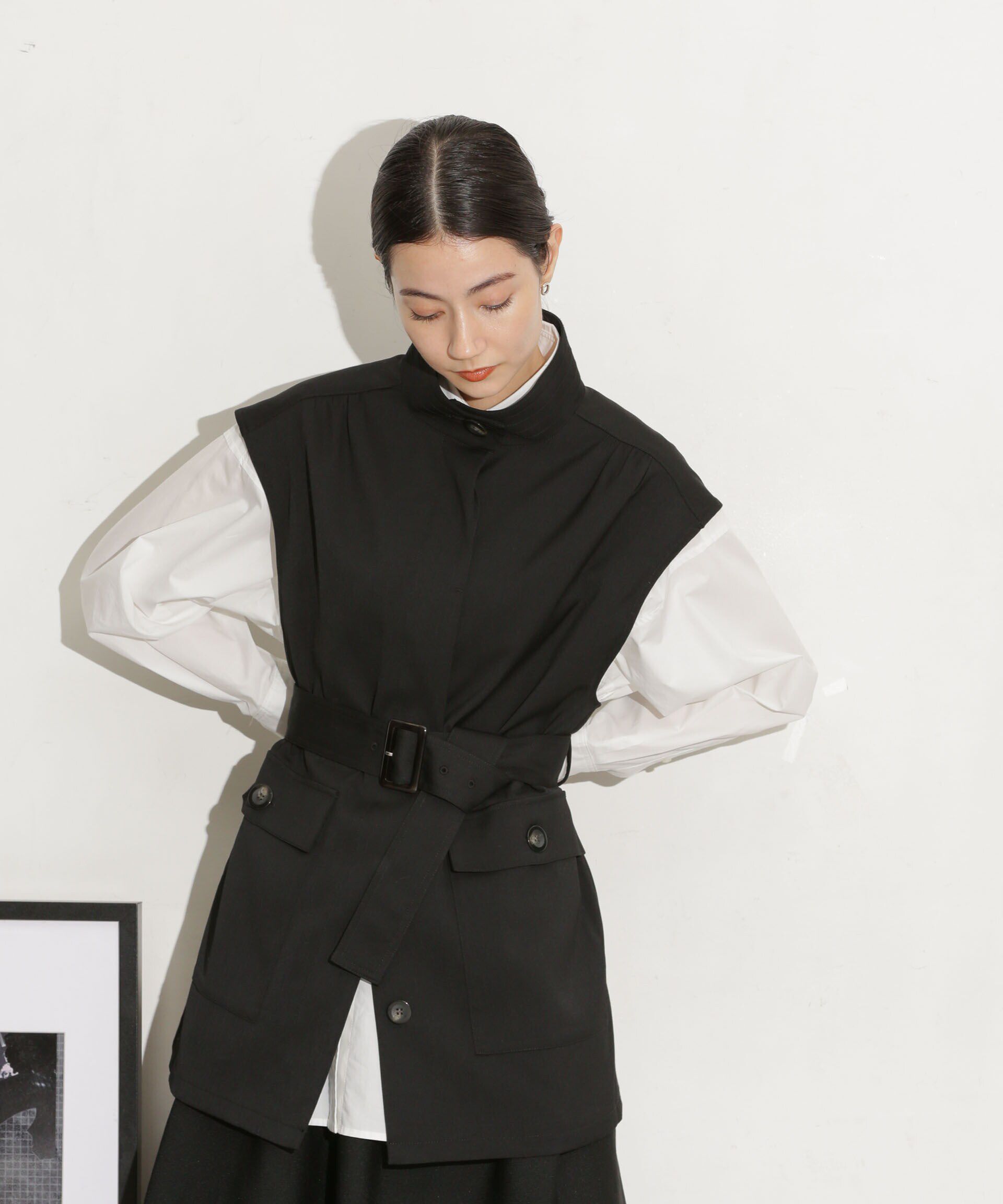 nano･universe「ベルト付きスタンドベスト」|ベスト・ジレ|ブラック