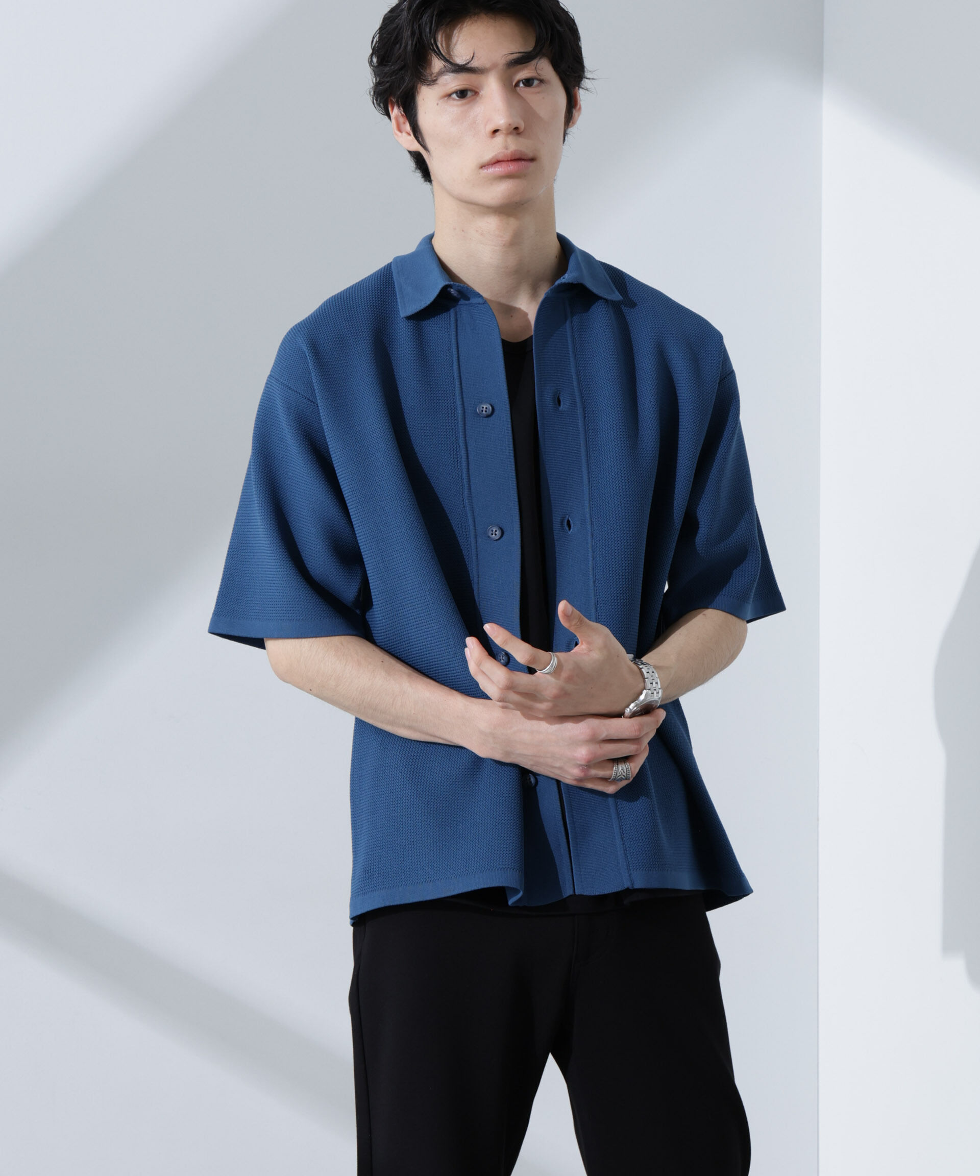 nano･universe「エアーニットレギュラーカラーシャツ 半袖」|ニット・セーター|