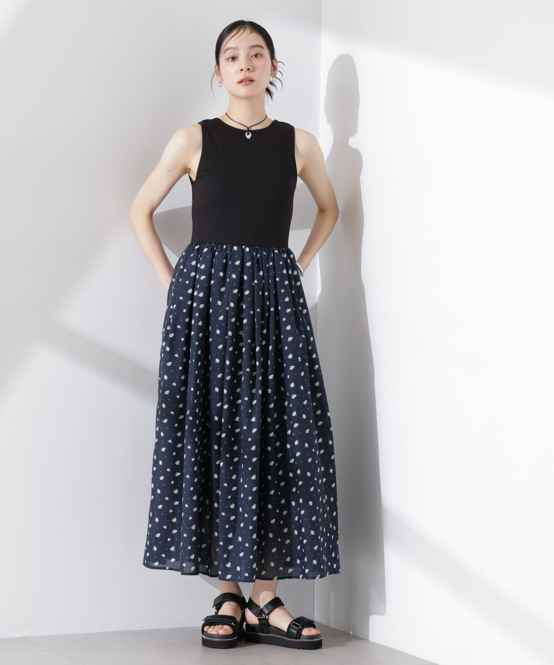 nano･universe「フラワープリントリブタンクワンピース」|ワンピース|ネイビー