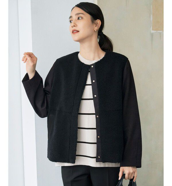 自由区「【洗える】ボアコンビ アウター」|ノーカラージャケット|ブラック