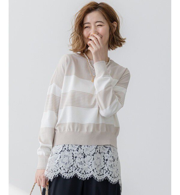 23区「【洗える】コットンポリエステルストレッチ ショート ニット」|ニット・セーター|ベージュ&times;オフ