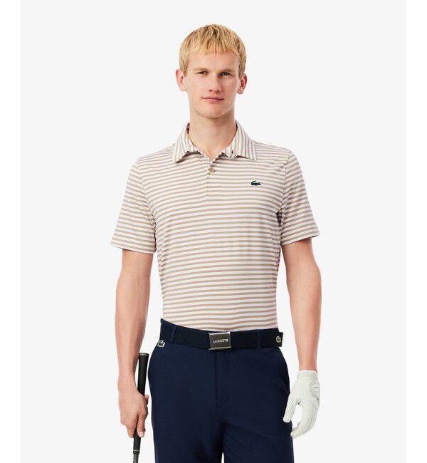 LACOSTE「UVカット UPF50+ ウルトラドライバイカラーボーダーポロシャツ」|ポロシャツ|ベージュ