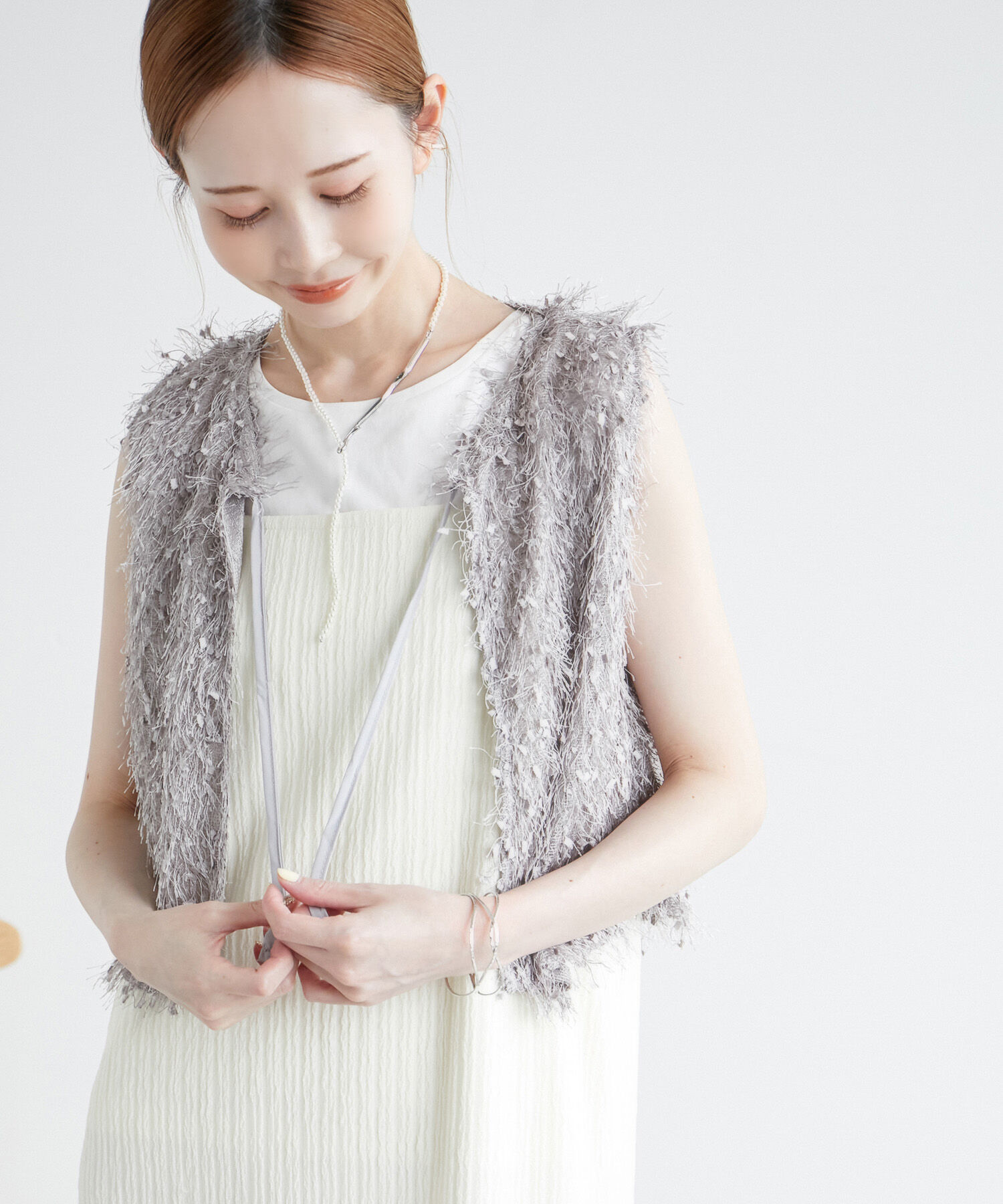 ROPE PICNIC PASSAGE「ファンシーヤーンリボンショートベスト」|ベスト・ジレ|シルバー(93)