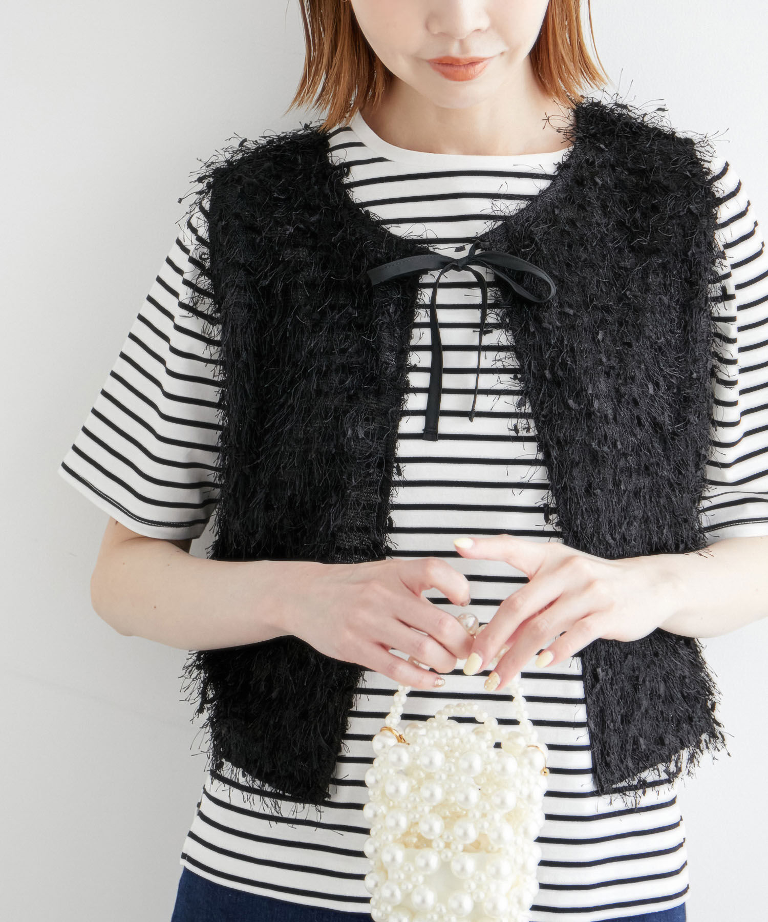 ROPE PICNIC PASSAGE「ファンシーヤーンリボンショートベスト」|ベスト・ジレ|