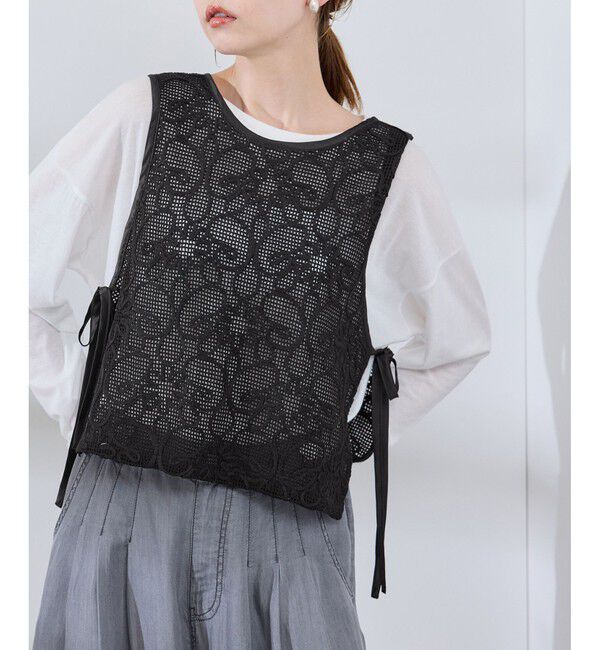Rope&rsquo;Picnic「サイドリボンレースベスト」|ベスト・ジレ|ブラック(01)
