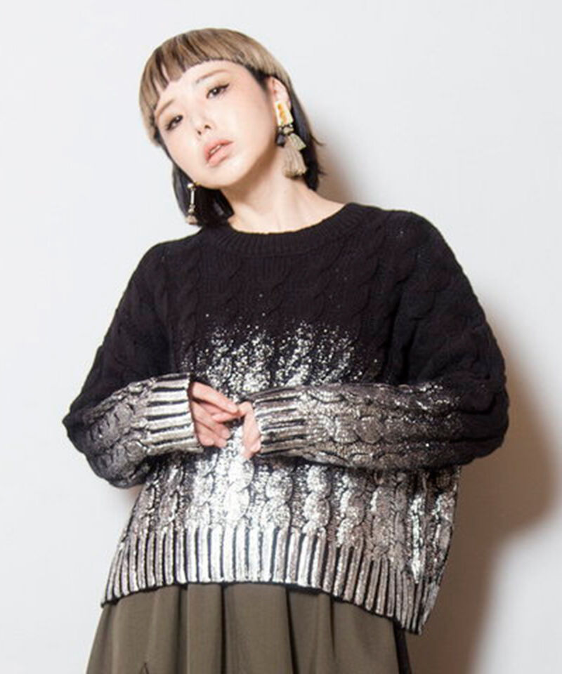  「グラデーションケーブルニットプルオーバー」|ニット・セーター|BLACK