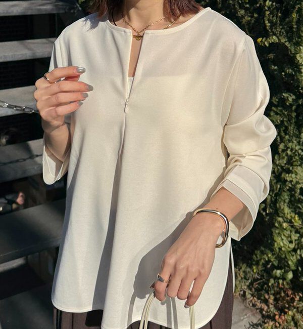  「【ストレッチ◎ファスナー付き】袖シアー切替ジョーゼットロンT」|Tシャツ・カットソー|