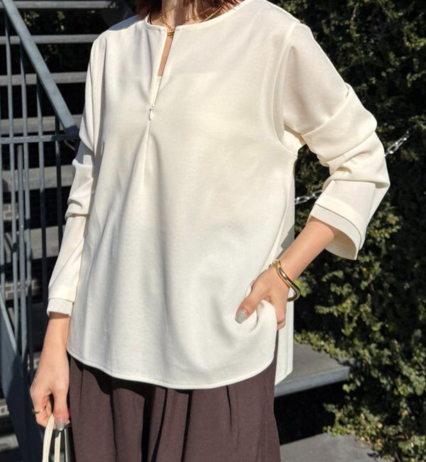  「【ストレッチ◎ファスナー付き】袖シアー切替ジョーゼットロンT」|Tシャツ・カットソー|