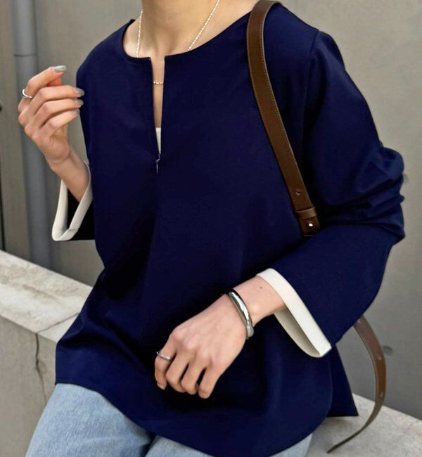  「【ストレッチ◎ファスナー付き】袖シアー切替ジョーゼットロンT」|Tシャツ・カットソー|ネイビー