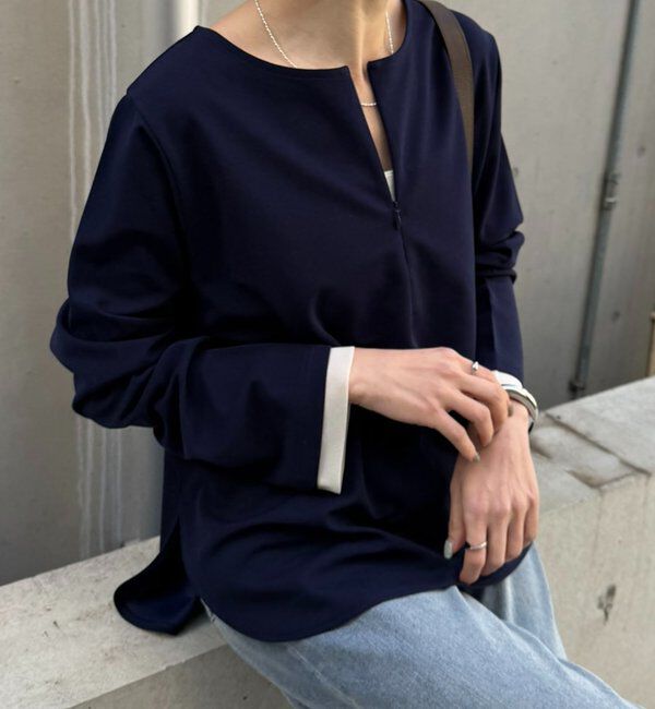  「【ストレッチ◎ファスナー付き】袖シアー切替ジョーゼットロンT」|Tシャツ・カットソー|