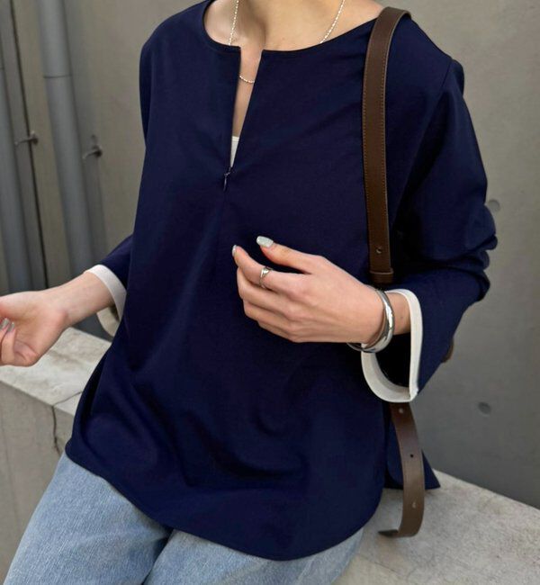  「【ストレッチ◎ファスナー付き】袖シアー切替ジョーゼットロンT」|Tシャツ・カットソー|