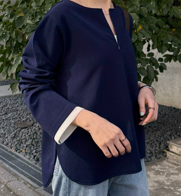  「【ストレッチ◎ファスナー付き】袖シアー切替ジョーゼットロンT」|Tシャツ・カットソー|