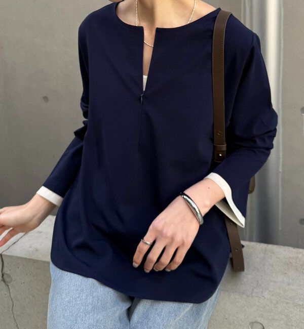  「【ストレッチ◎ファスナー付き】袖シアー切替ジョーゼットロンT」|Tシャツ・カットソー|