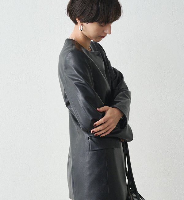  「ノーカラーフェイクレザージャケット」|ベスト・ジレ|
