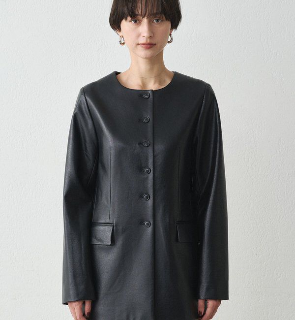  「ノーカラーフェイクレザージャケット」|ベスト・ジレ|