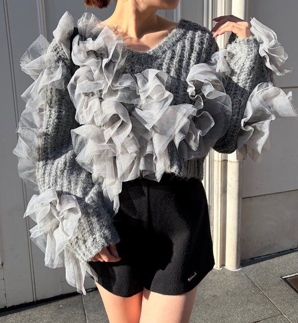  「【SALON by Chico】ランダムチュールドッキングニット」|ニット・セーター|グレー