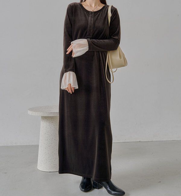  「【低身長サイズあり】フレアスリーブベロアワンピース」|ワンピース|